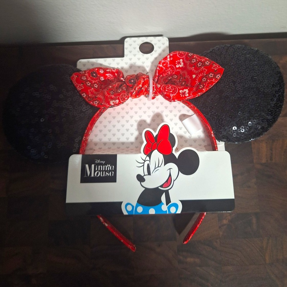 Disney Minnie Mouse Sequin Ears Headband with Red Bandana Bow Kids Size